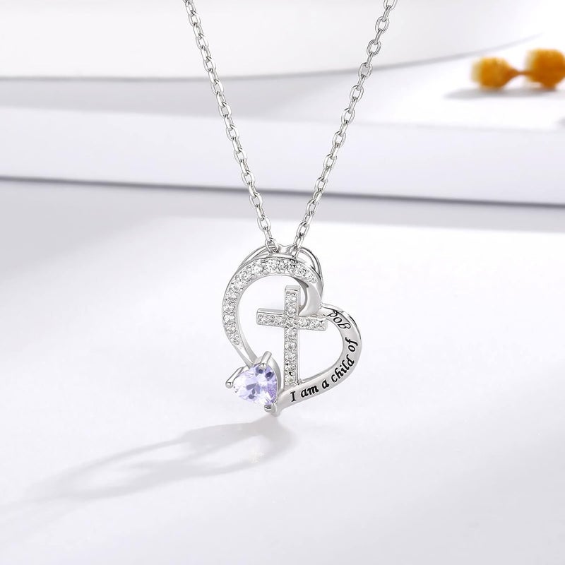 MANBU Sterling Silver Cross Necklace for Girls: Heart Birthstone I am a Child of God Pendant Religious Jewelry Baptism First Communion Confirmation Gifts for Teens - Image 3